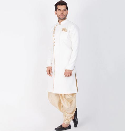 Men White & Gold-Coloured Solid Slim-Fit Sherwani Set